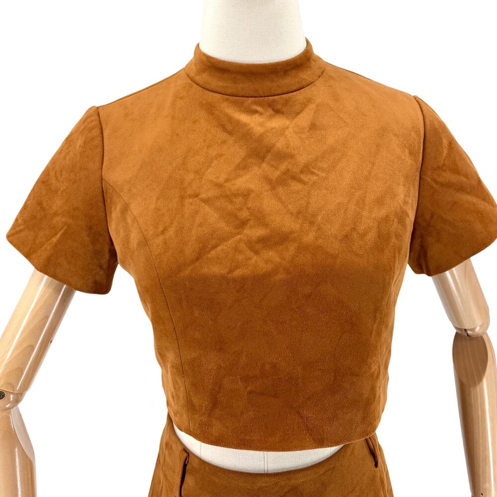 New JW PEI Brown Faux Suede Two Piece Crop Top Mini Skirt Set - Picture 2 of 10